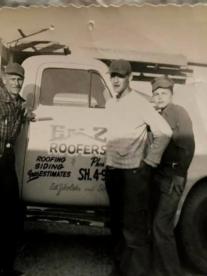 Ed Zibolski and crew with the original EZ Roofers truck, 1950s Wisconsin