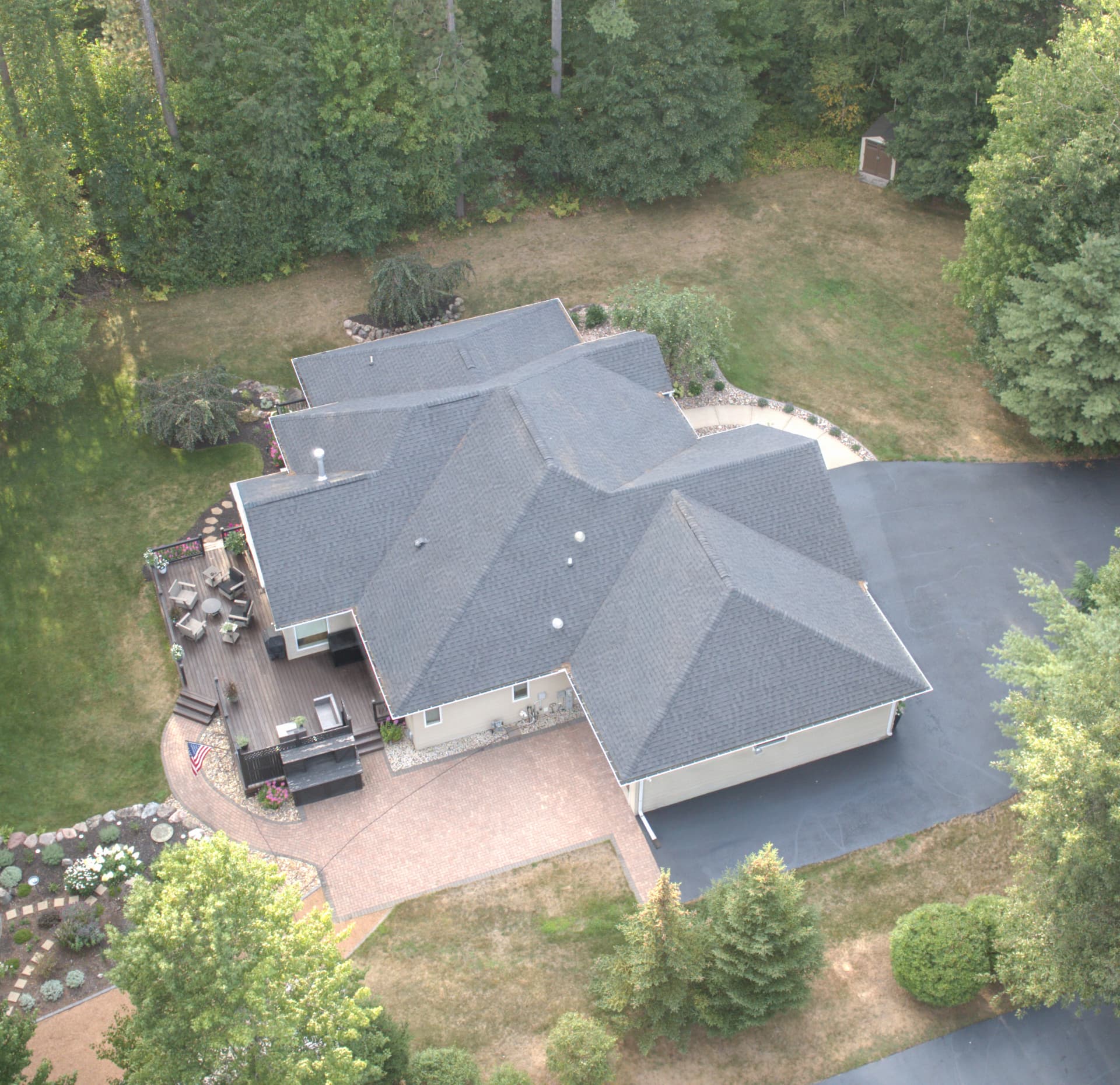 Aerial view of hips, valleys and ridge lines on a completed asphalt shingle roof